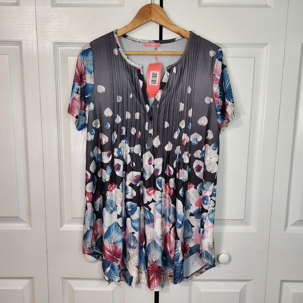 Simply Aster Floral Tropical Print Pleated Henley Tunic‎ Top XL Grey Blue Pink
